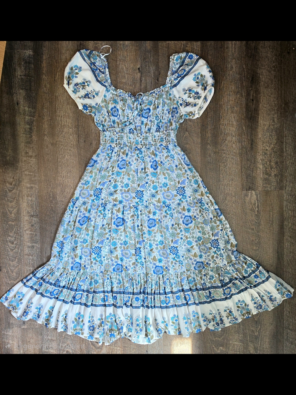 By The River Floral Maxi Dress Womens L Blue White Smocked Waist Puff Sleeves Bo - Picture 6 of 13